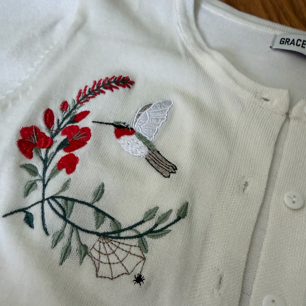Spiderweb and Hummingingbird White Cardigan with Red Floral Embroidery